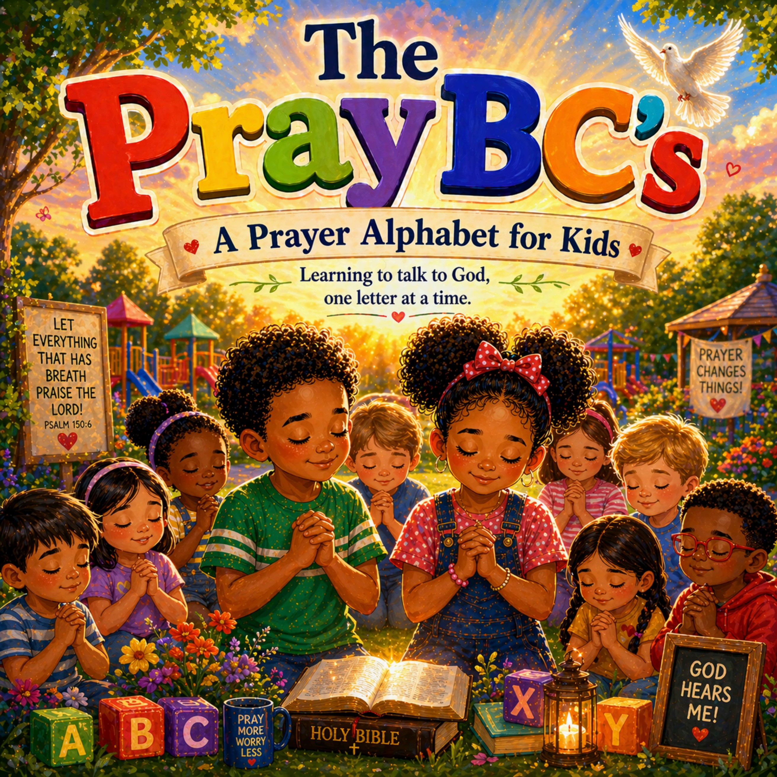 The PrayBC's book cover with children praying in a sunlit garden